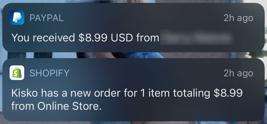 Notifikácie PayPal a Shopify o prvej objednávke za 8,99 dolára